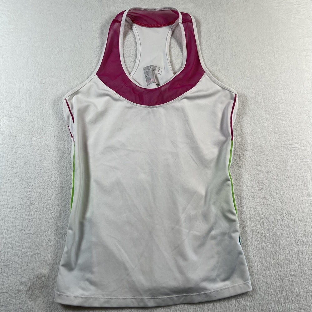 Lucky In Love Tank Top Womens Small White Colorblock Racerback Tennis Athletic